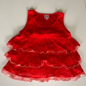 Brilliant orange red scalloped top with ruffles and shimmer!!! Shake it up!!